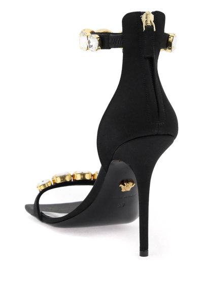 Shop Versace Satin Sandals With Crystals In Black  Gold (black)