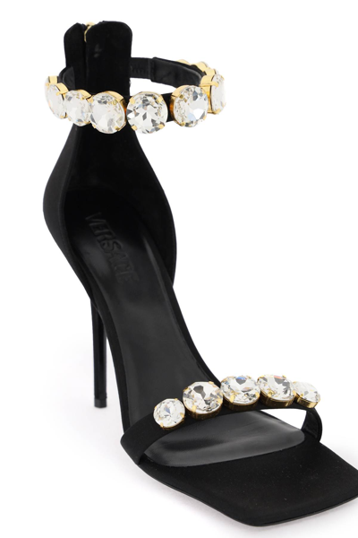 Shop Versace Satin Sandals With Crystals In Black  Gold (black)