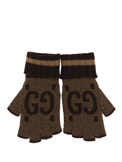 Shop Gucci Canvlov Gloves In Beige/dark Brown