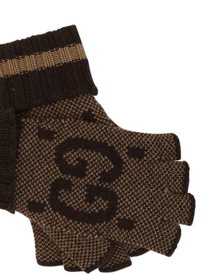 Shop Gucci Canvlov Gloves In Beige/dark Brown