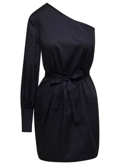 Shop Douuod Mini Black One-shoulder Dress With Waist Belt In Cotton Woman