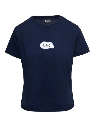 Shop Apc 'astoria' Blue Crewneck T-shirt With Logo Print At The Front In Cotton Woman