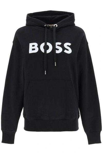 Shop Hugo Boss Boss Logo Printed Cotton Hoodie In Black