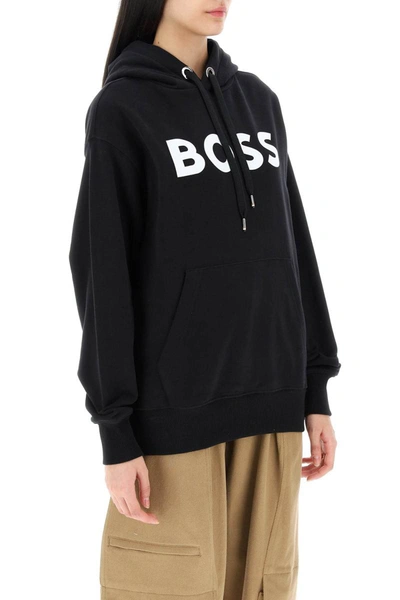 Shop Hugo Boss Boss Logo Printed Cotton Hoodie In Black