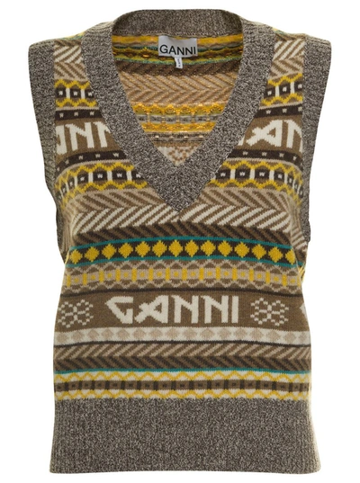 Shop Ganni Grey Striped V Neck Vest With Logo In Wool Blend Woman In Multicolor