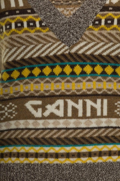 Shop Ganni Grey Striped V Neck Vest With Logo In Wool Blend Woman In Multicolor