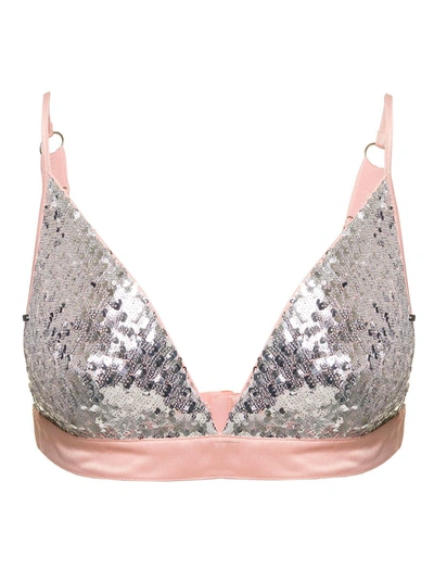 Shop Pinko Pink And Silver Triangle Bra With All-over Paillette In Stretch Polyester Woman In Metallic