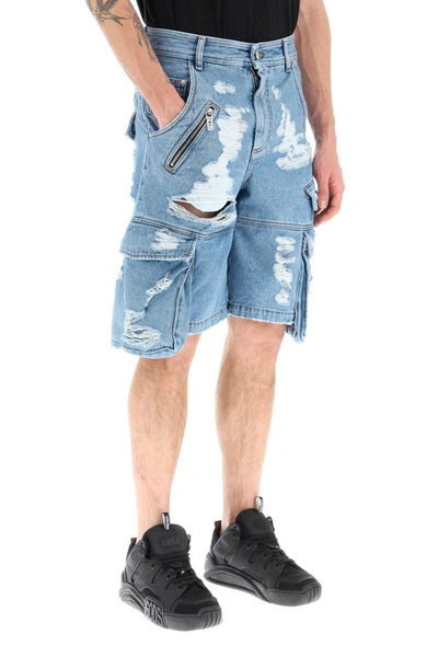 Shop Gcds Ultracargo Destroyed Denim Shorts In Blue