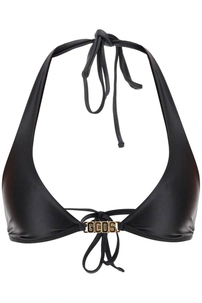 Shop Gcds Logo Triangle Satin-finish Bikini Top In Black