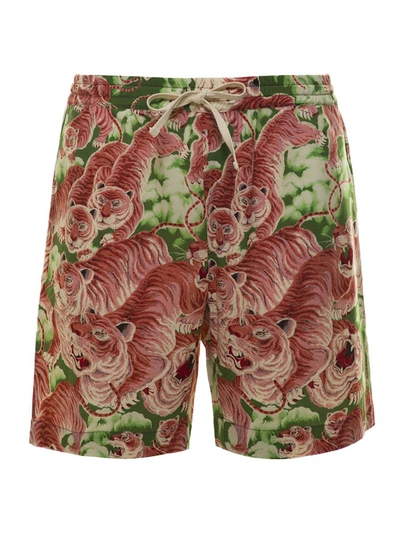 Shop Pence 1979 Multicolor Drawstring Shorts With All-over Tiger Print In Viscose Blend Man