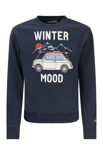 Shop Mc2 Saint Barth Cotton Sweatshirt With 500 Mood Print In Blue