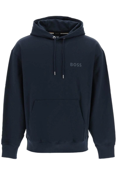 Shop Hugo Boss Boss Rubberized Logo Detail Hoodie In Blue