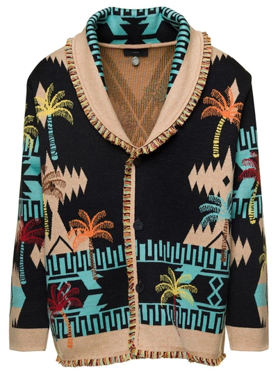 Shop Alanui Black Jacquard Cardigan With Palm Motif All-over In Wool Man In Multicolor