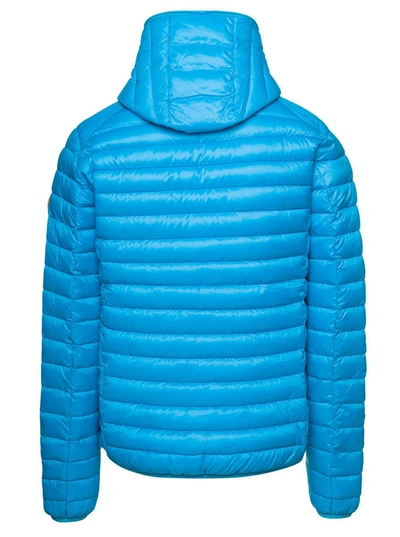 Shop Save The Duck Blue Hooded Puffer Jacket With Zip Fastening And Logo In Polyester Man In Light Blue