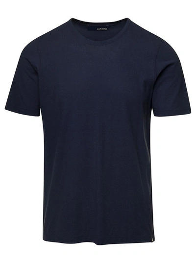 Shop Lardini Blue Crewneck T-shirt With Logo Patch In Cotton Man