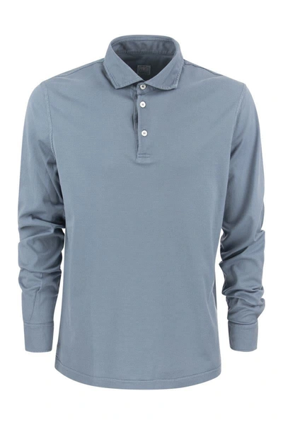 Shop Fedeli Long-sleeved Cotton Polo Shirt In Avio Blue