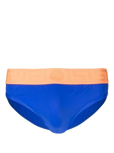 Shop Versace Blue Swim Briefs With Branded Waistband In Polyamide Man