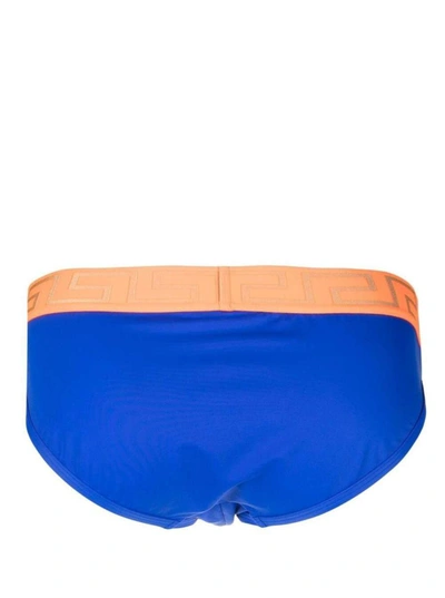 Shop Versace Blue Swim Briefs With Branded Waistband In Polyamide Man