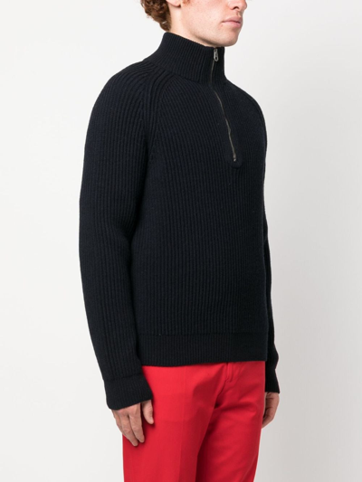 Shop Fursac Half-zip Ribbed-knit Sweatshirt In Blue