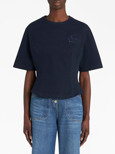 Etro Logo-embroidered Fitted T-shirt In Blue