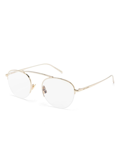 Shop Saint Laurent Logo-engraved Round-frame Glasses In Gold