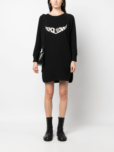 Zadig & Voltaire Zadig&voltaire Womens Noir Diaz Text-print Crewneck Cotton Mini Dress In Black