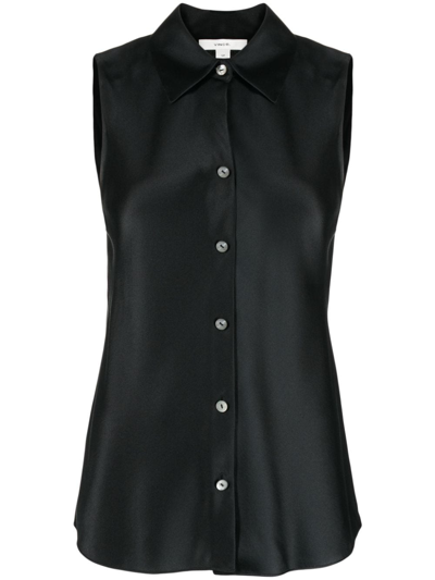 Shop Vince Sleeveless Buttoned Silk Shirt In Black