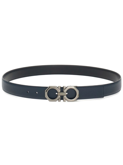 Ferragamo Adjustable Reversible Leather Belt With Metal Buckle In Blue
