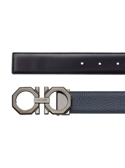 Ferragamo Adjustable Reversible Leather Belt With Metal Buckle In Blue