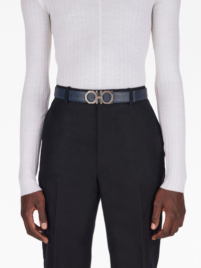Ferragamo Adjustable Reversible Leather Belt With Metal Buckle In Blue