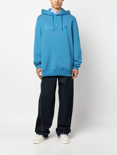 Shop Lanvin Logo-embroidered Fleece Hoodie In Blue