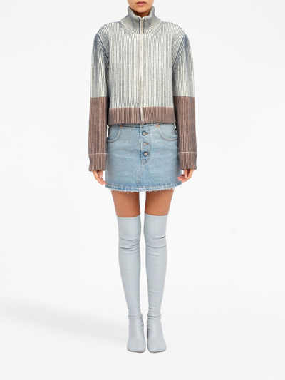 Shop Mm6 Maison Margiela Ribbed Zip-up Cardigan In Neutrals