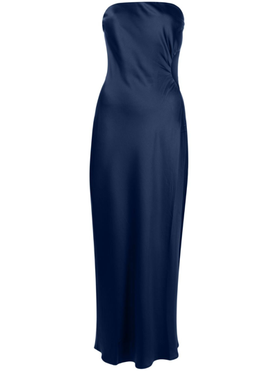 Shop Reformation Nevaeh Strapless Satin Midi Dress In Blue
