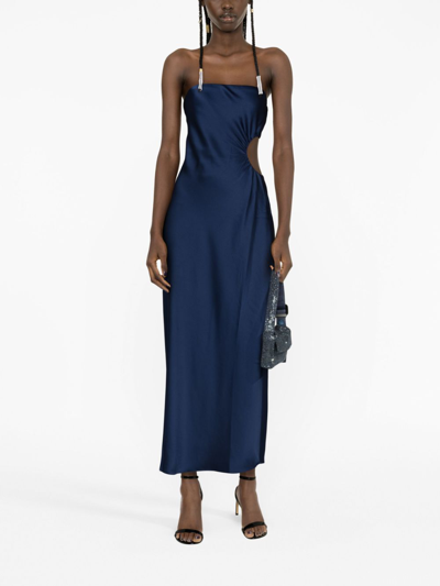 Shop Reformation Nevaeh Strapless Satin Midi Dress In Blue