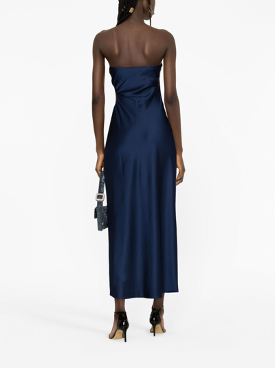 Shop Reformation Nevaeh Strapless Satin Midi Dress In Blue