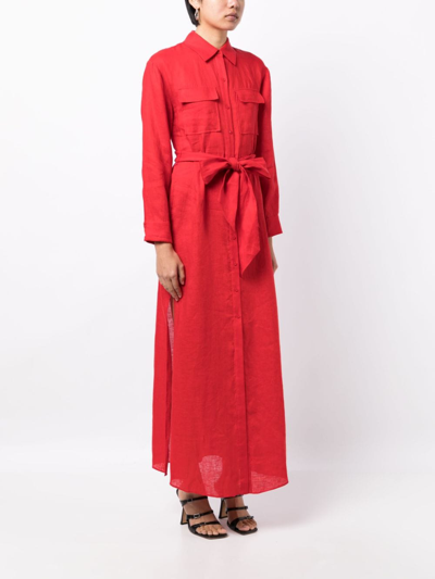 Shop Alice And Olivia Belted Linen Maxi Shirtdress In Red