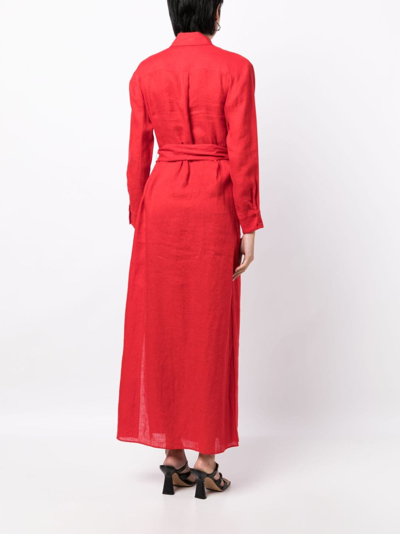 Shop Alice And Olivia Belted Linen Maxi Shirtdress In Red