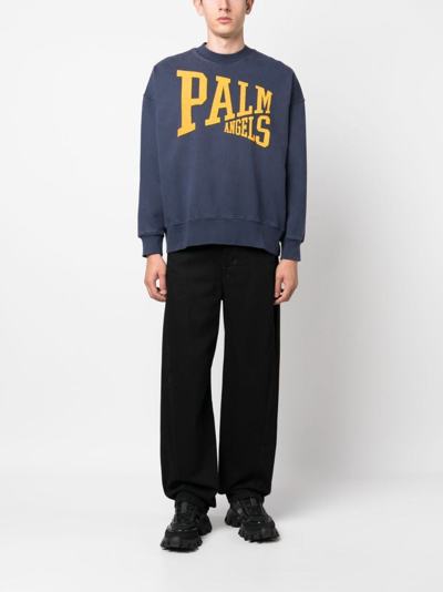 Shop Palm Angels College Logo-print Cotton Sweatshirt In Navy Blue Gold