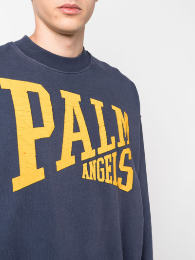 Shop Palm Angels College Logo-print Cotton Sweatshirt In Navy Blue Gold