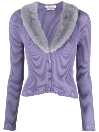 Shop Blumarine Faux Fur-collar Cardigan In Purple