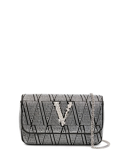 Shop Versace Black Virtus Mini Crystal Shoulder Bag