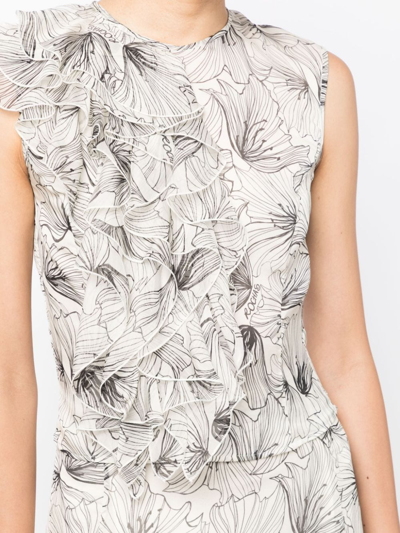 Shop Rochas Floral-print Ruffled Sleeveless Top In Brown