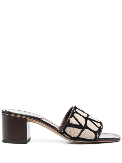 Shop Valentino Toile Iconographe 60mm Leather-trimmed Mules In Brown