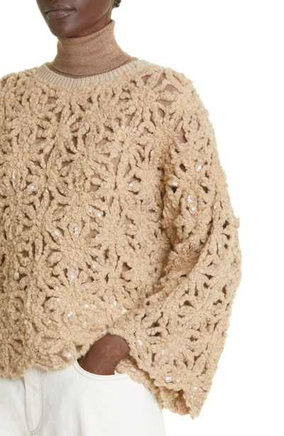 Shop Brunello Cucinelli Floral Sequin Virgin Wool Blend Sweater In C9010-camel