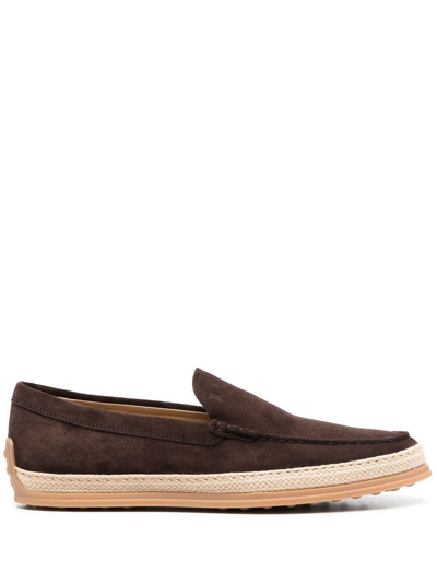 Shop Tod's Raffia-sole Suede Loafers In Black