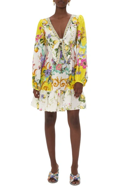 Shop Camilla Mixed Print Long Sleeve Tie Front Linen Dress In Caterina Spritz