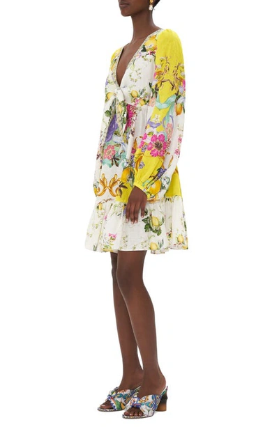 Shop Camilla Mixed Print Long Sleeve Tie Front Linen Dress In Caterina Spritz