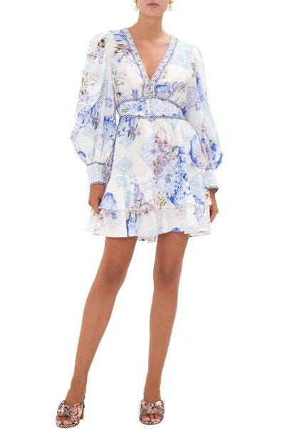 Shop Camilla Crystal Detail Mixed Print Long Sleeve Linen Dress In Paint Me Positano