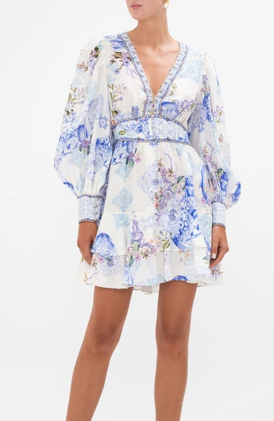 Shop Camilla Crystal Detail Mixed Print Long Sleeve Linen Dress In Paint Me Positano
