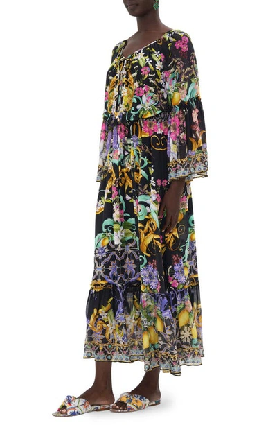 Shop Camilla Beaded Mixed Print Long Sleeve Silk Maxi Dress In Meet Me In Marchesa